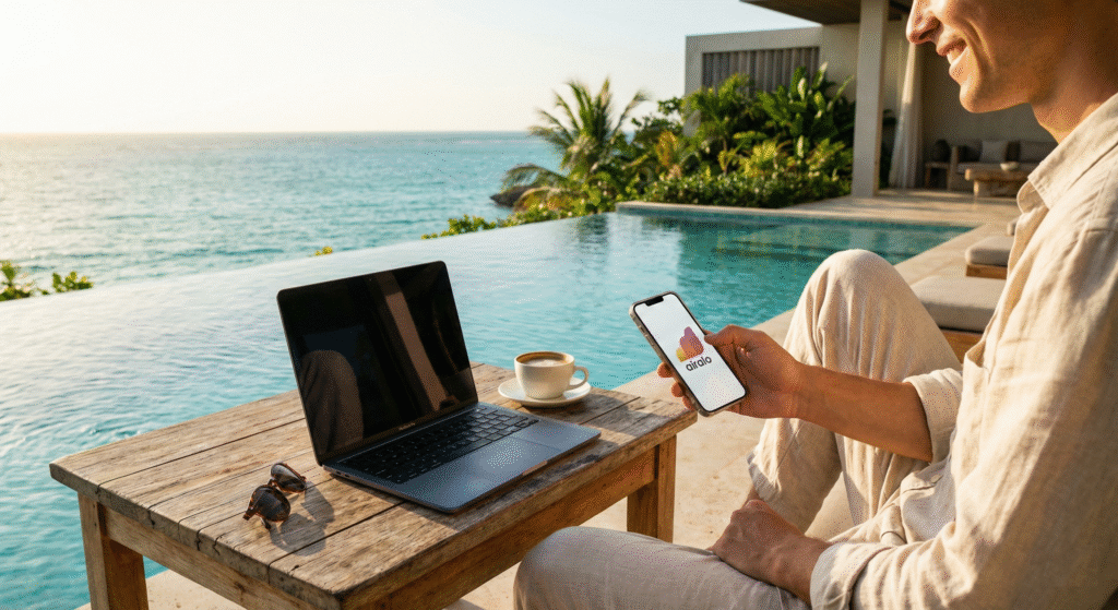 A traveler in a luxury airport lounge using a smartphone to activate an Airalo eSIM for international travel, with airplanes visible through a large window in the background.