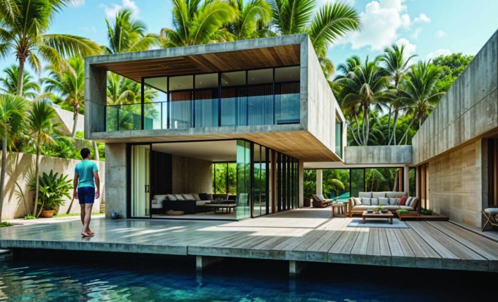 Aerial drone view of Salagua Villas & Marina in Isla Barú, Cartagena, showcasing luxury sustainable villas with private infinity pools, individual docks, and lush tropical landscaping along navigable water canals.